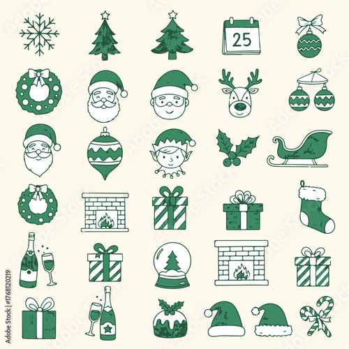 Retro Vintage New Year and Christmas Icons, Doodle Sketch Drawings in Grunge Charcoal and Hand Drawn Chalk Style for Winter Holiday Party, Posters, and Invitation Cards