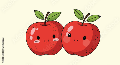 Two cute anthropomorphic red apples with smiling faces and rosy cheeks stand side by side.