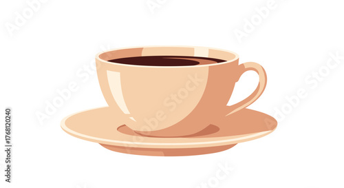 A beige cup of dark coffee sits on a matching saucer on a white background.
