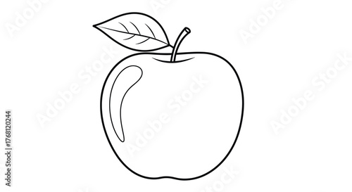 Simple line drawing of a single apple with a stem and leaf on a white background.