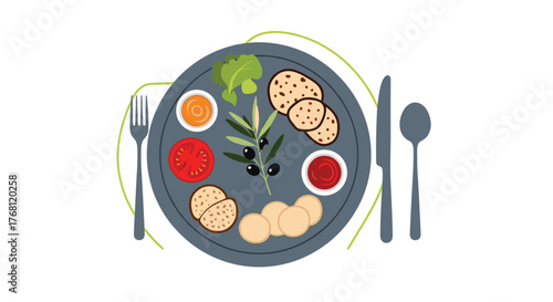 A top view of a plate with crackers, olives, tomato, and dipping sauces, served with cutlery.