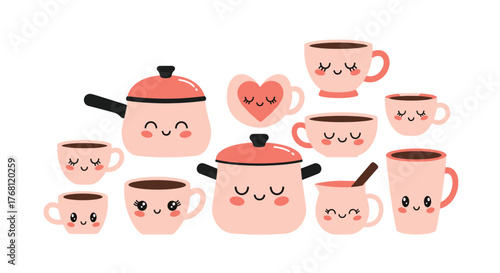 Cute kawaii cooking pots and coffee cups with happy faces in pastel pink.