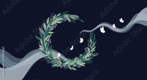 Elegant dark background with a circular green leaf garland and delicate white butterflies fluttering gently around it.