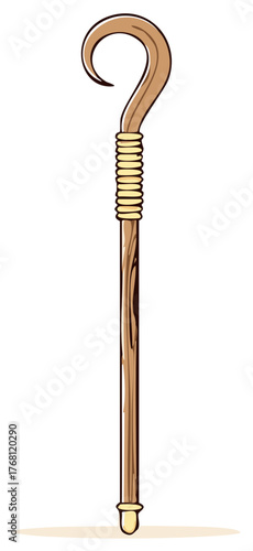 Pastoral Staff Wood Texture Rope Wrapped Illustration Symbol of Guidance Shepherd Cane Hooked Crook Drawing
