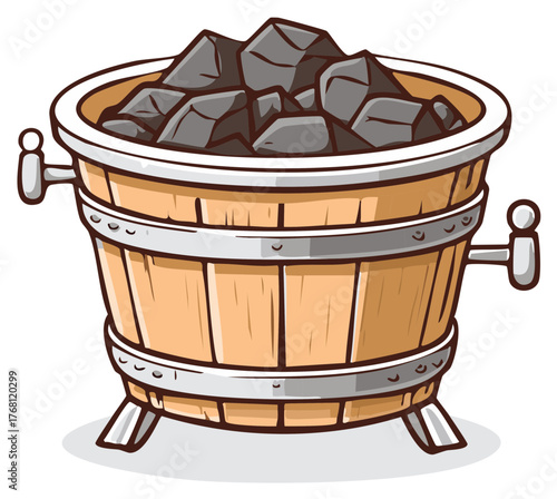 Wooden bucket filled with dark rocks and metal bands illustration