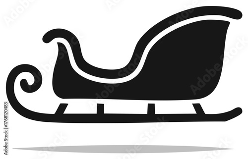 Simple black silhouette of a classic sleigh with curved runners and a scrolled front