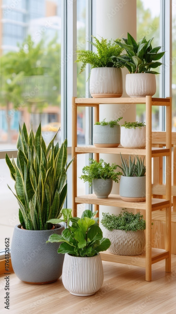 Fototapeta premium Assorted Indoor Potted Plants Arranged on a Wooden Shelf Near a Bright Window with Natural Light and Greenery Outdoors