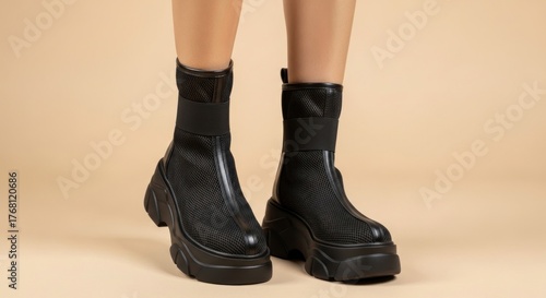 Black sock boots with chunky platform soles and rounded toes