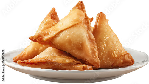 samosa in plate crispy fried snack golden pastry stuffed with spicy filling traditional food isolated on white background
