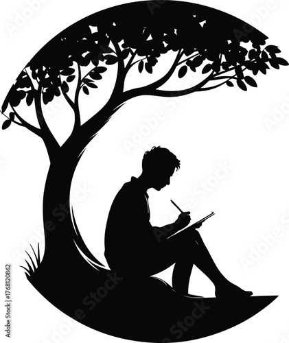 Silhouette of a person writing or drawing under a stylized tree