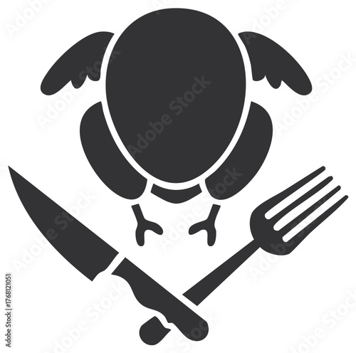 Stylized Icon of a Whole Roasted Bird with Crossed Knife and Fork
