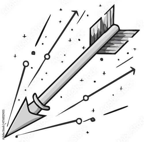 Hand-Drawn Arrow Illustration Shooting Upward Surrounded by Streaks and Stars