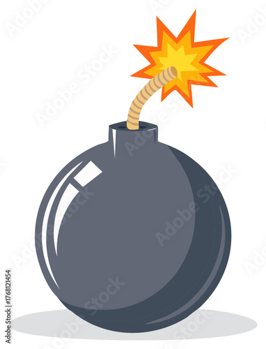 Classic round cartoon bomb with a lit fuse sparking and ready to explode