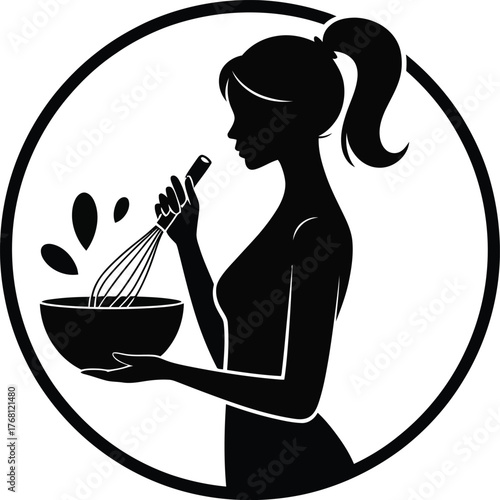 Illustration of a woman happily whisking batter in a bowl preparing food for baking or cooking