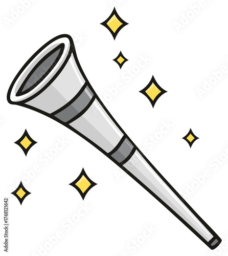 Silver party horn with sparkling starbursts for celebration and fun