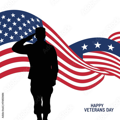 Veterans Day Saluting Soldier Silhouette with American Flag