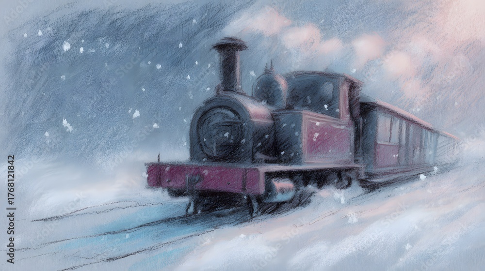 Obraz premium Vintage locomotive pulling passenger cars through a heavy winter snowstorm illustration