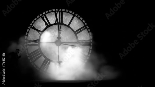 Close up of a vintage clock face in front of a dark backdrop with moving fog effects