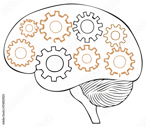 Human brain with gears inside representing intricate thought processes and mental mechanics illustration