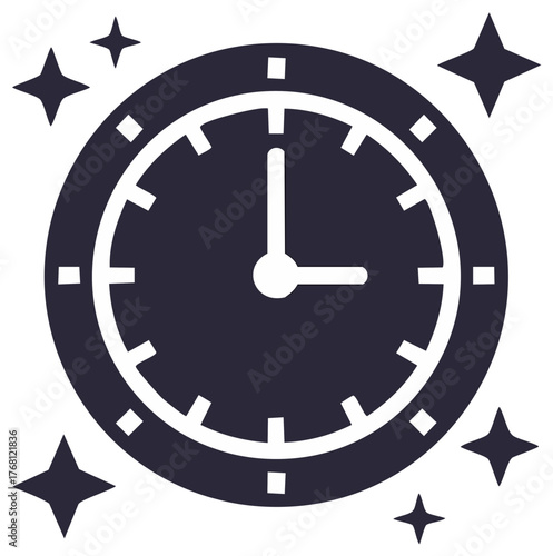 Sparkling clock icon showing a special time simple flat vector illustration