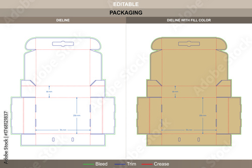 Tuck front suitcase style box dieline in a clear vector structure for flawless printing and protective packaging form with defined handle cuts and precise die line placement