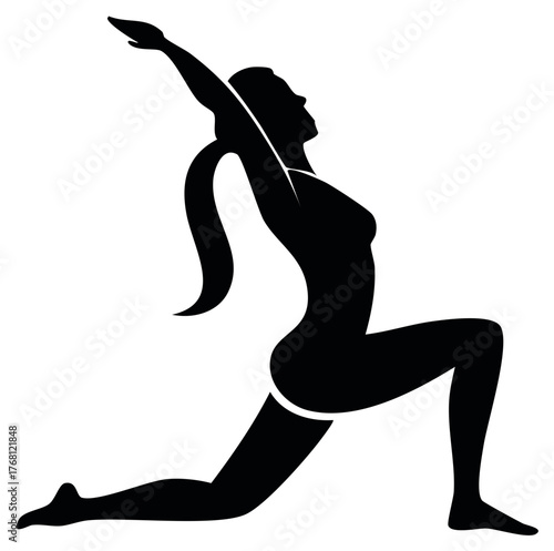 Silhouette of a woman in a yoga warrior pose with arms extended upward