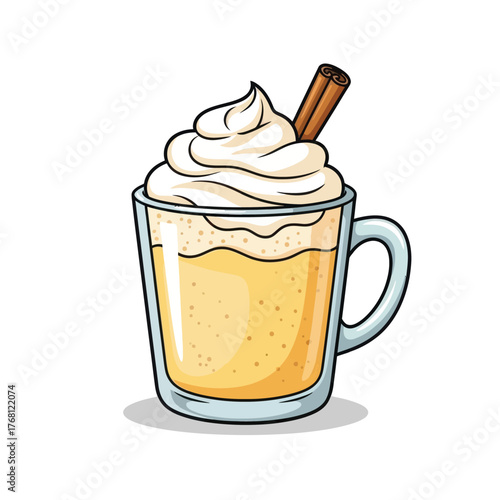 Indulge in a cozy mug of eggnog topped with sweet whipped cream and a cinnamon stick garnish