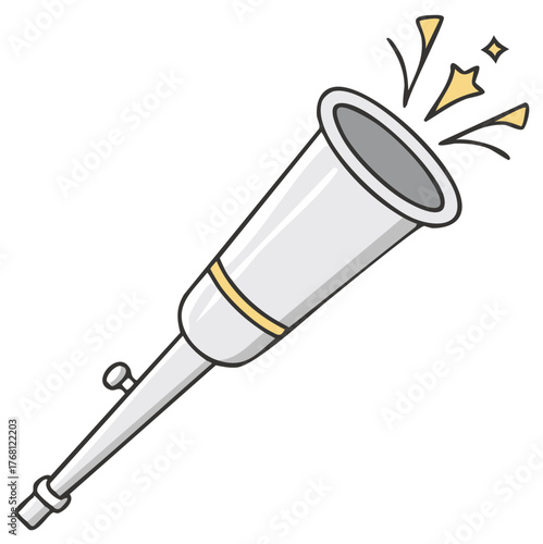 Illustrated silver party blower noisemaker with sound effects for a birthday or New Year celebration.