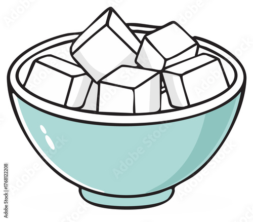 Aesthetic bowl with ice cubes illustration in minimalist, line art style for recipe or food concept.