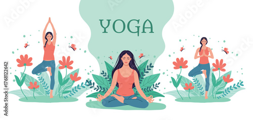 A set of beautiful girls doing yoga and meditating. A girl sits in the lotus position and meditates. Yoga. Beautiful background with leaves and flowers.