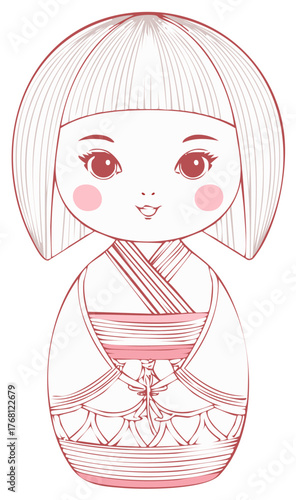 Stylized Kokeshi Doll with Pink Details in Outline Style, Traditional Japanese Toy with Kimono and Bobbed Hair