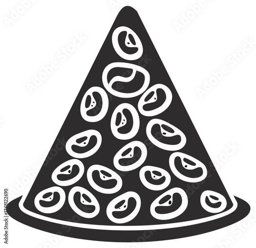 Stylized slice of black pizza with white olives and white crust in a graphic design.
