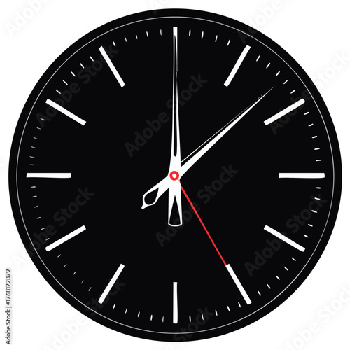 Sleek minimalist analog clock face in black and white with a prominent red second hand