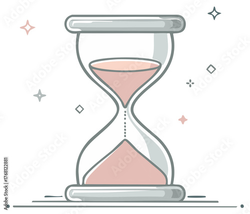 Stylish hourglass illustration with flowing pink sand symbolizing the passage of time