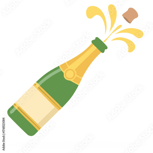 Festive green champagne bottle popping its cork with golden liquid splashing out in celebration