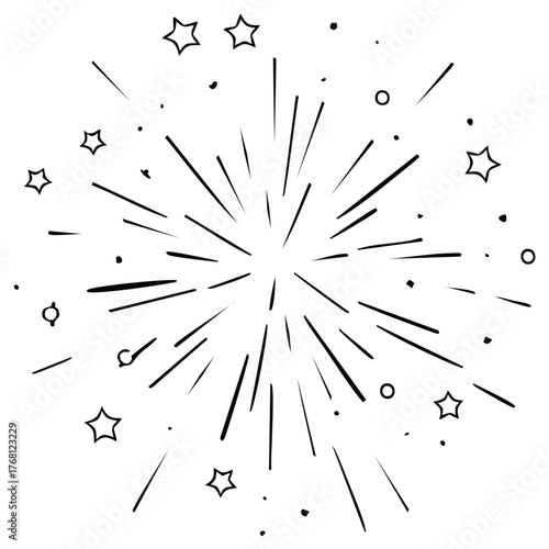 Hand-drawn starburst with radiating lines, dots, and scattered stars in doodle style