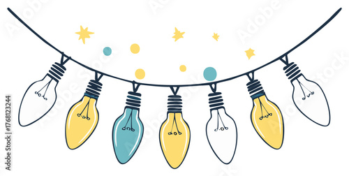 Hand-drawn illustration of a string of lights with yellow and blue bulbs and stars