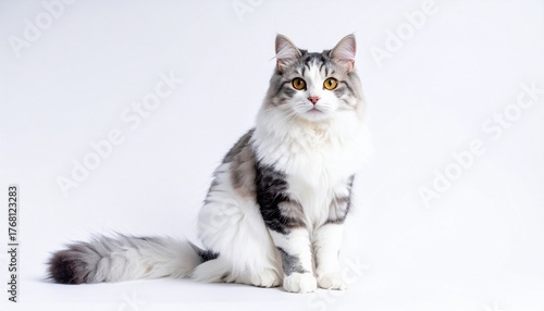 Maine Coon cat with fluffy coat and bushy tail sitting on white background.