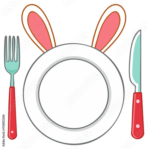 Festive Easter bunny ear themed plate setting with fork and knife dinnerware