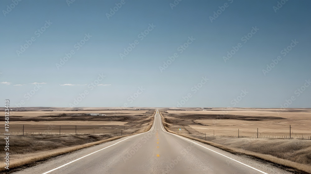 Fototapeta premium Straight paved highway stretches toward the distant horizon across open dry plains under a clear blue sky.