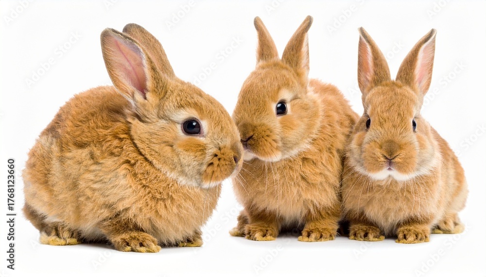 Obraz premium light brown rabbits sitting in a row on white background.