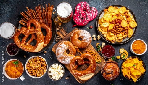 Festive snack spread with pretzels, dips, donut, and beer on dark surface.