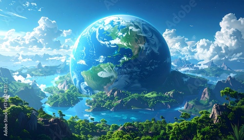 A colossal Earth floats above a lush, mountainous island landscape