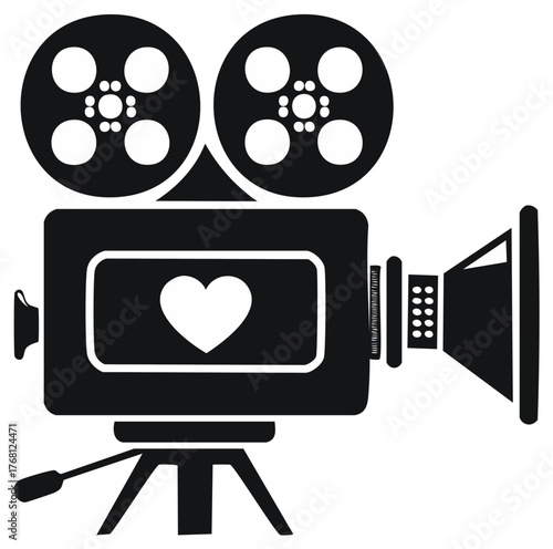 Vintage Movie Camera with Heart Screen on Tripod in Black and White, Film Icon