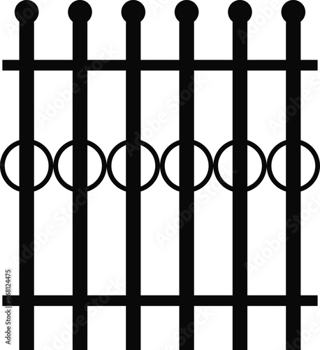 Black metal fence with round finials and circular elements Keywords: fence, gate, metal, iron