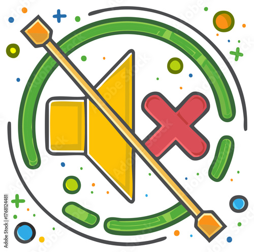 Icon of muted sound with a red cancel symbol, decorative elements in a flat design