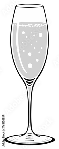 Elegant glass of sparkling wine or champagne in cartoon style, drink with bubbles in a tall flute