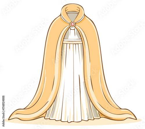 Elegant yellow cloak draped over a white dress, medieval fashion illustration