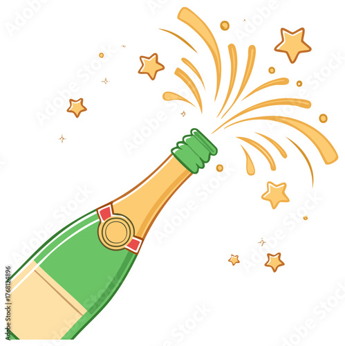 Champagne bottle popping with fizzing drink and gold star illustrations for celebration graphics