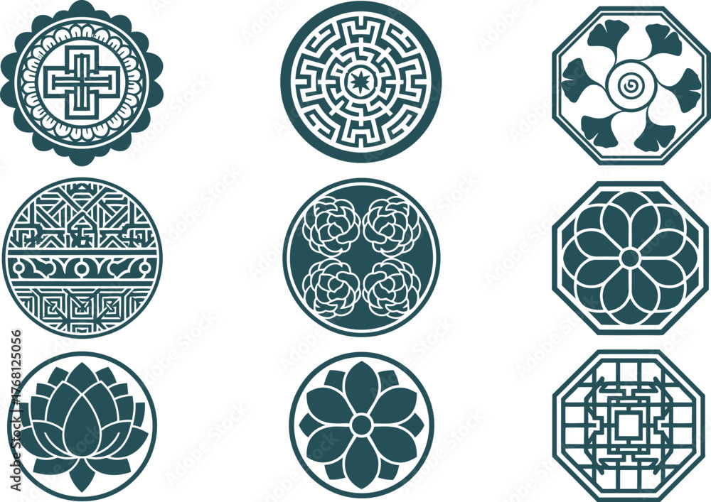Fototapeta premium Collection of asian inspired geometric vector design elements set editable stock